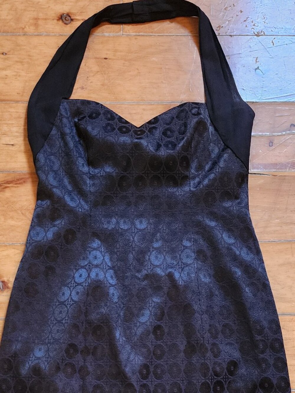 Black Polished Cotton Cocktail Dress with Sweetheart Halter Neckline, size 10